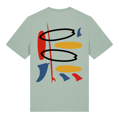 Kleurrijk surf geïnspireerd T-shirt, Aloë groen, met Miró-achtig kunstdesign