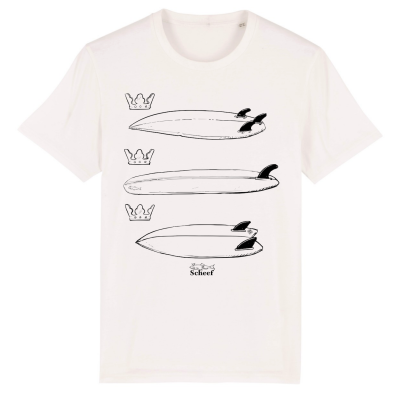 Wit Scheveningen surf T-shirt met 3 surfboards en kroontjes, verwijzend naar het wapen van Scheveningen