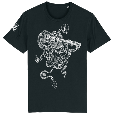 Zwart T-shirt met een Septopus die Ukelele speelt