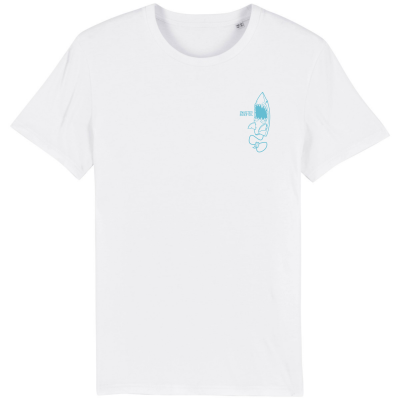 Voorkant van een wit T-shirts met op de borst een haai-surfboard design