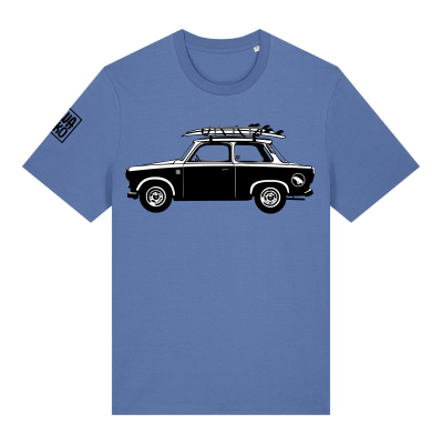 Blauw heren t-shirt met een trabant met surfboard op het dak