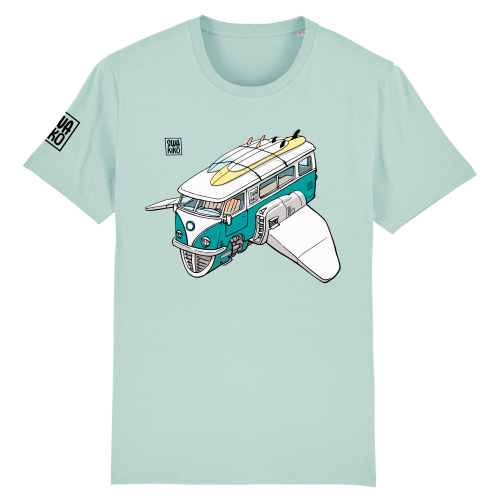 Turquoise T-shirt met een futuristische uitvoering van de klassieke volkswagen bus, bekend in de surf wereld!