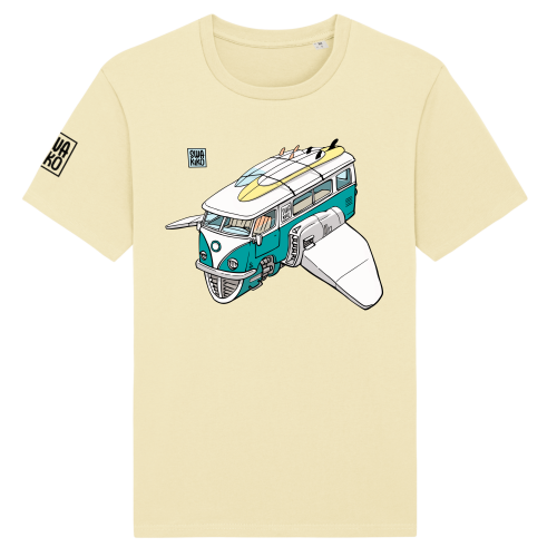 Geel T-shirt met een futuristische uitvoering van de klassieke volkswagen bus, bekend in de surf wereld!