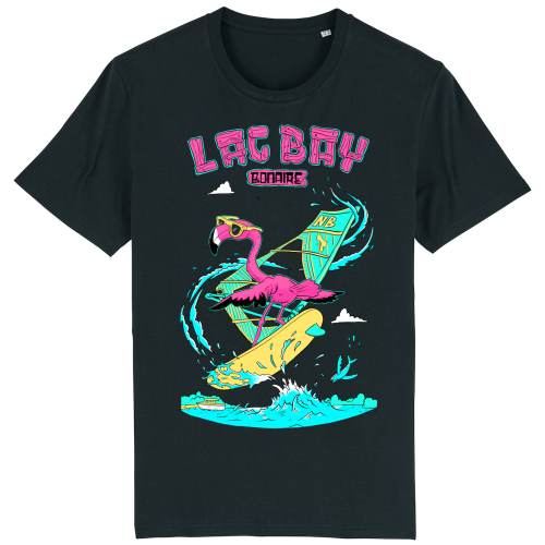 Zwart T-shirt met freestyle surfende flamingo op Lac Bay Bonaire