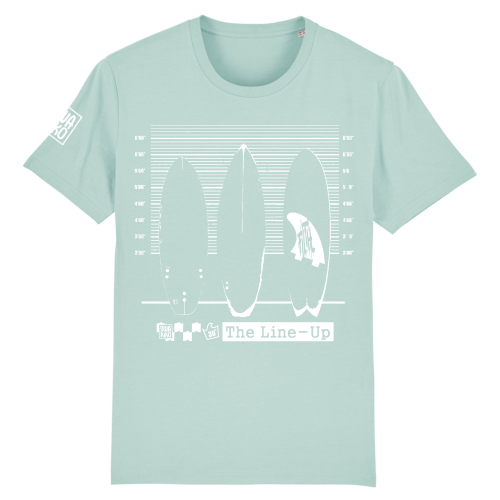 Turquoise T-shirt met klassiek witte print van 3 surfboards in \'lineup\'