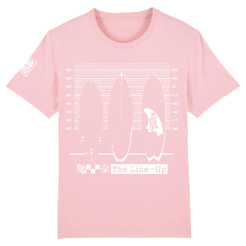 Roze T-shirt met klassiek witte print van 3 surfboards in \'lineup\'