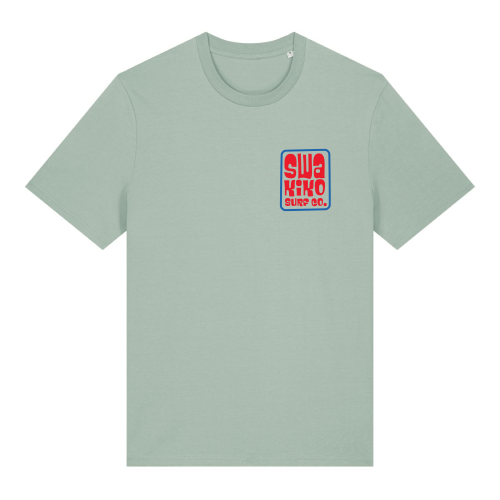 Aloe groen T-shirt met rood blauw Swakiko logo op de borst
