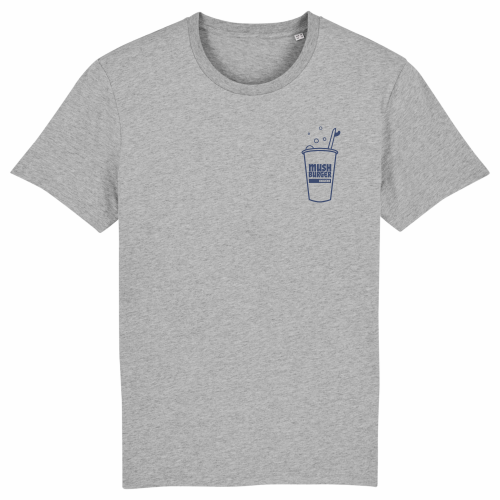 Grijs T-shirt met Mush Burger drinkbeker & surfboard als borstlogo