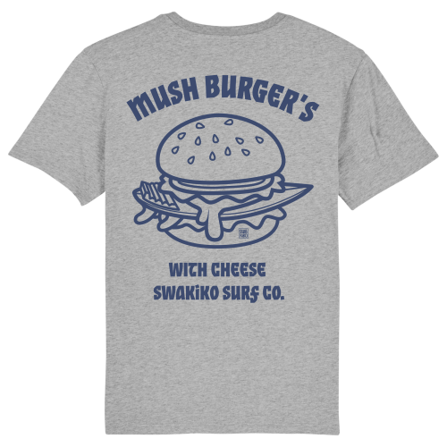 Grijs Mush Burger T-shirt met  blauw design van een surfboard in hamburger met kaas!