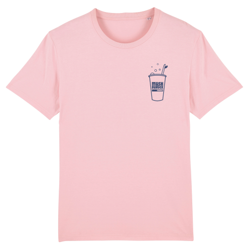 Roze T-shirt met Mush Burger drinkbeker & surfboard als borstlogo