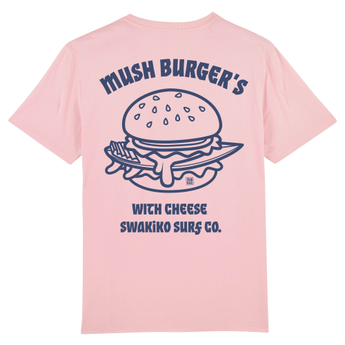 Roze Mush Burger T-shirt met  blauw design van een surfboard in hamburger met kaas!