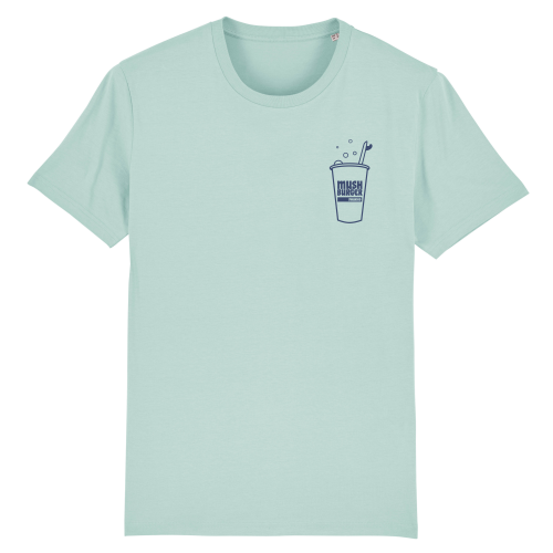 Turquoise T-shirt met Mush Burger drinkbeker & surfboard als borstlogo