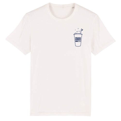 Wit T-shirt met Mush Burger drinkbeker & surfboard als borstlogo