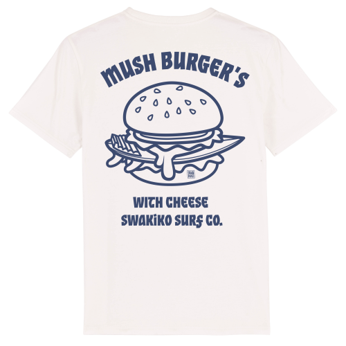 Wit Mush Burger T-shirt met  blauw design van een surfboard in hamburger met kaas!