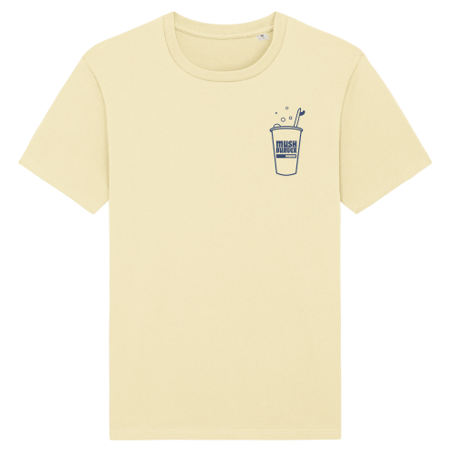 Geel T-shirt met Mush Burger drinkbeker & surfboard als borstlogo