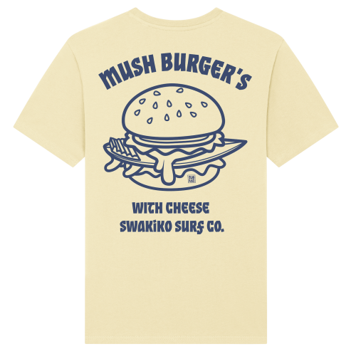 Geel Mush Burger T-shirt met  blauw design van een surfboard in hamburger met kaas!