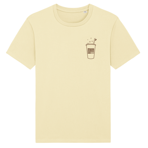 Voorkant van het gele ‘mush burger’ T-shirt met op de borst het SWAKiKO logo als drinkbeker met een surfplank als rietje