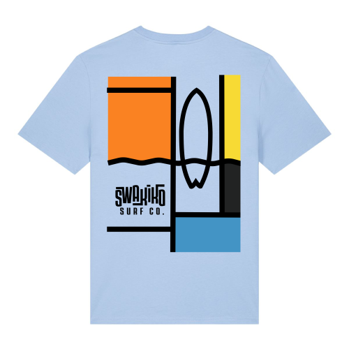 Licht blauw T-shirt met een surf design geïnspireerd op de kunst van Mondriaan