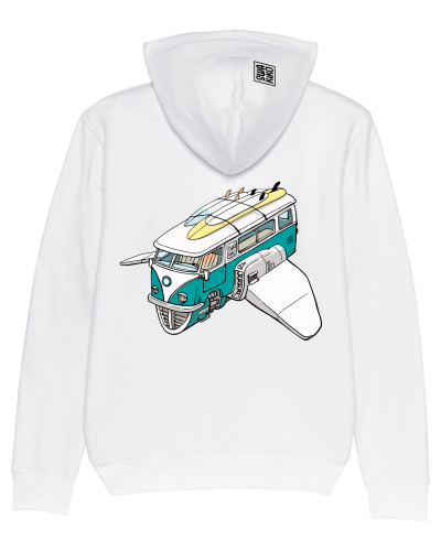 Witte hoodie met een artwork van de klassieke volkswagen surf bus als ruimteschip