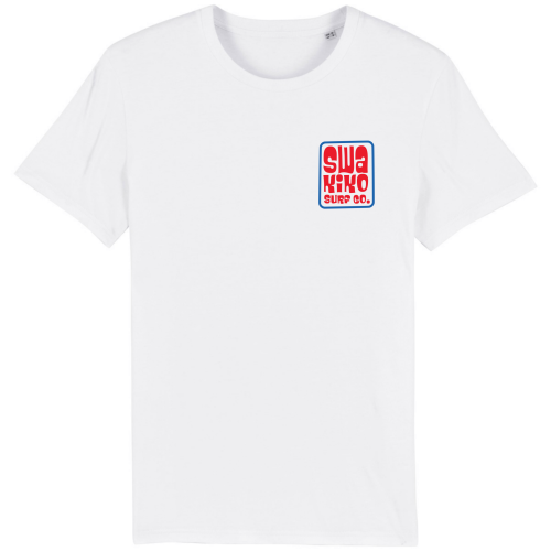 Wit T-shirt met rood blauw Swakiko logo op de borst
