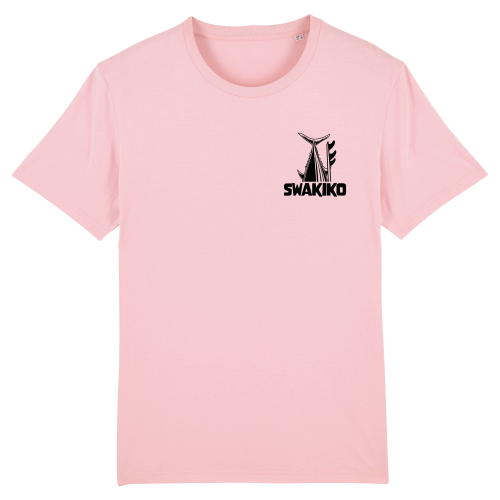 Roze Bonaire T-shirt met Swakiko borstlogo en de staart van een tonijn naast een surfboard
