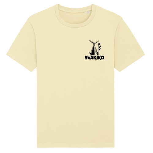 Geel Bonaire T-shirt met Swakiko borstlogo en de staart van een tonijn naast een surfboard