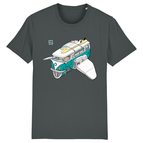 Antraciet T-shirt met een futuristische uitvoering van de klassieke volkswagen bus, bekend in de surf wereld!
