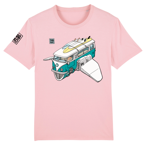 Roze T-shirt met een futuristische uitvoering van de klassieke volkswagen bus, bekend in de surf wereld!