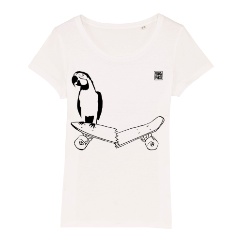 Skate T-shirt women, parrot and skateboard white